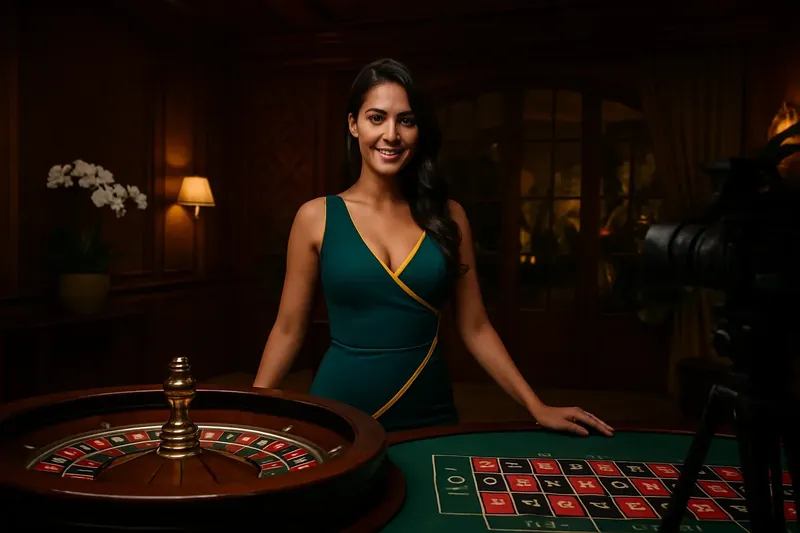 Croupier brasileira elegante em mesa de roleta em estúdio de casino ao vivo com decoração tropical e atmosfera luxuosa