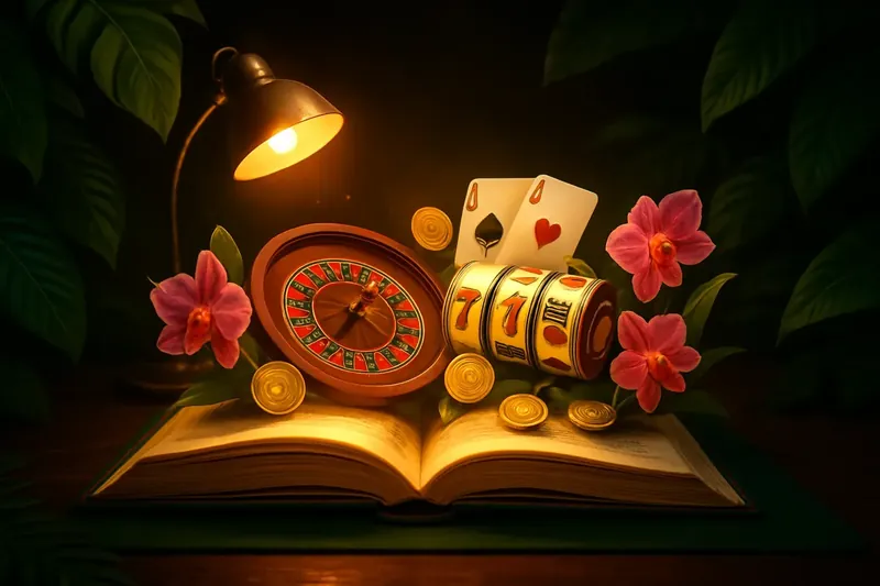Livro aberto com páginas brilhantes mostrando roleta, caça-níqueis, cartas de blackjack, moedas de real e orquídeas tropicais, iluminação quente, mesa de madeira escura com feltro verde e folhas da Amazônia